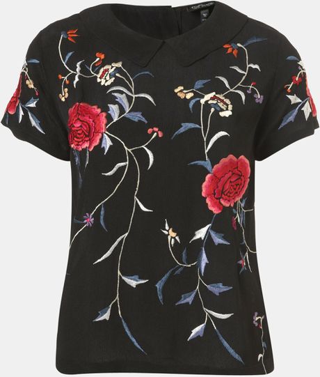 Topshop Floral Embroidered Shirt in Black | Lyst