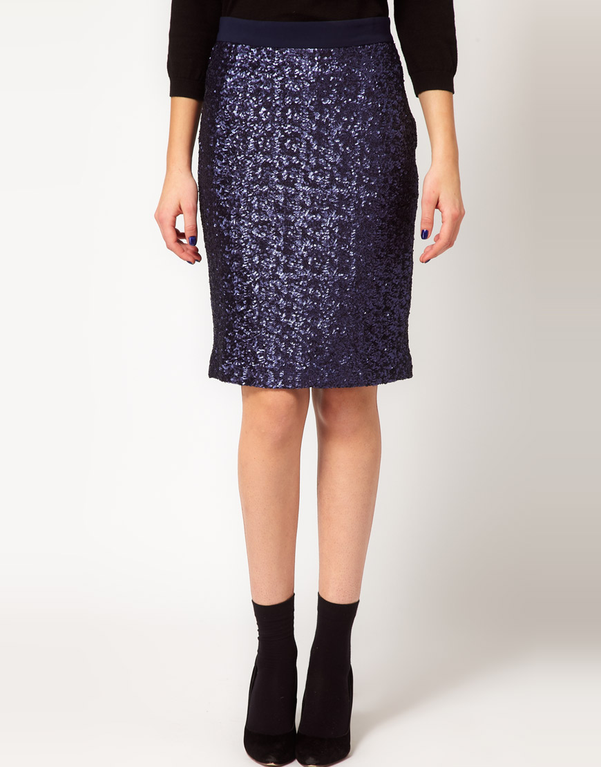 long blue sequin skirt