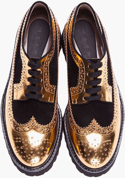 Marni Gold Leather and Suede Platform Brogues in Gold | Lyst