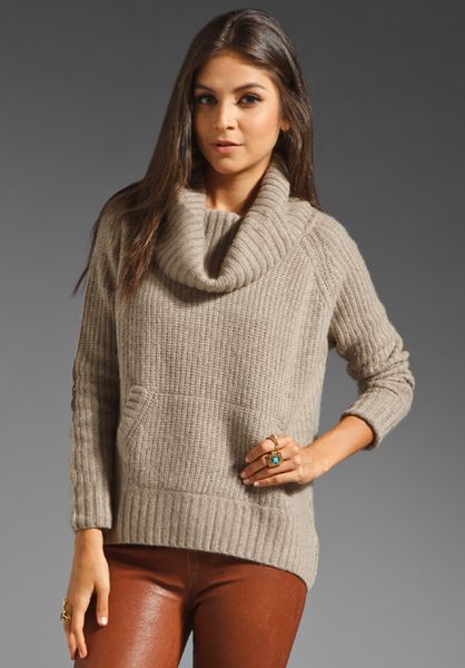 Autumn Cashmere Hi Lo Cowl Neck Sweater with Elbow Patches in Brown ...