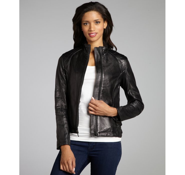 Dkny Black Leather Quilted Shoulder Zip Front Motorcycle Jacket In Gallery