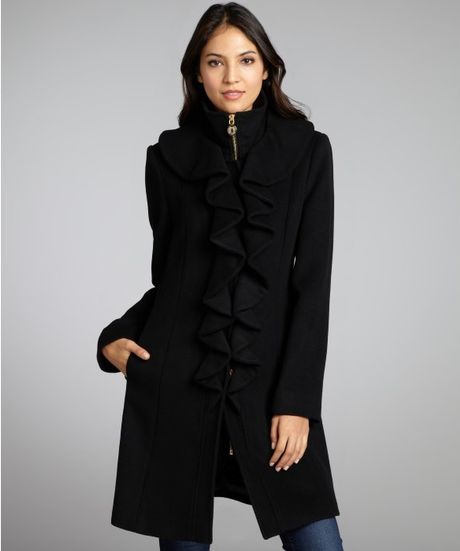 Elie Tahari Black Stretch Wool Ruffle Front Lina Coat in Black | Lyst