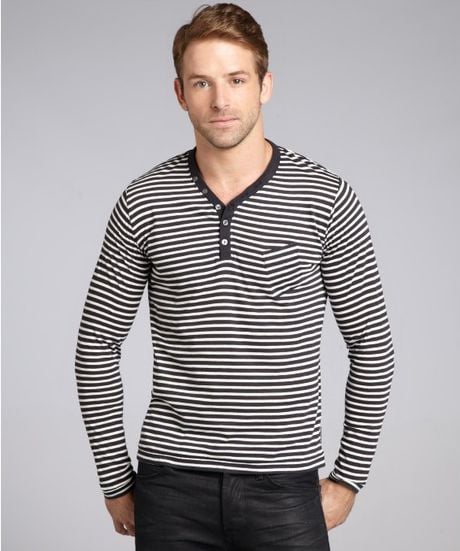 French Connection Grey Striped Cotton Marlon Long Sleeve Henley in Gray ...