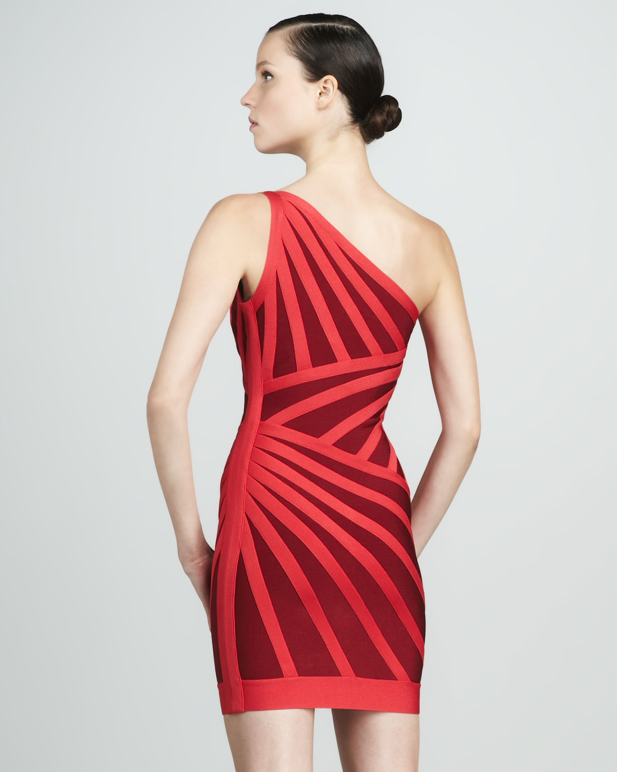 Hervé léger Striped Oneshoulder Dress in Red (cranberry combo) | Lyst