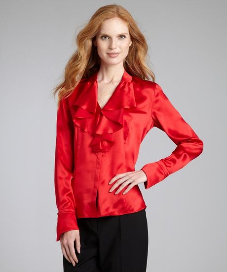 Lafayette 148 New York Siren Silk Satin Briella Ruffle Front Blouse in ...