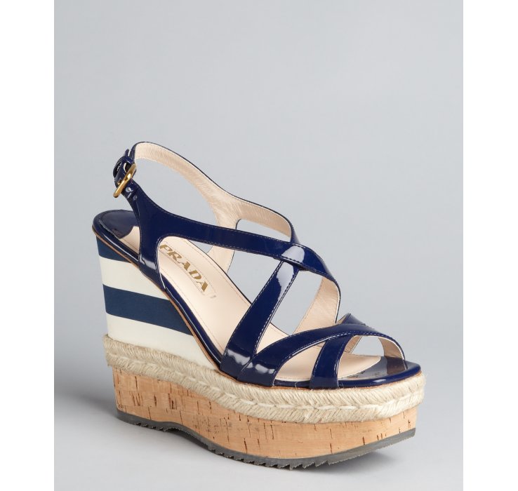 Prada Patent Leather Striped Wedge Sandals in Blue (royal blue) | Lyst