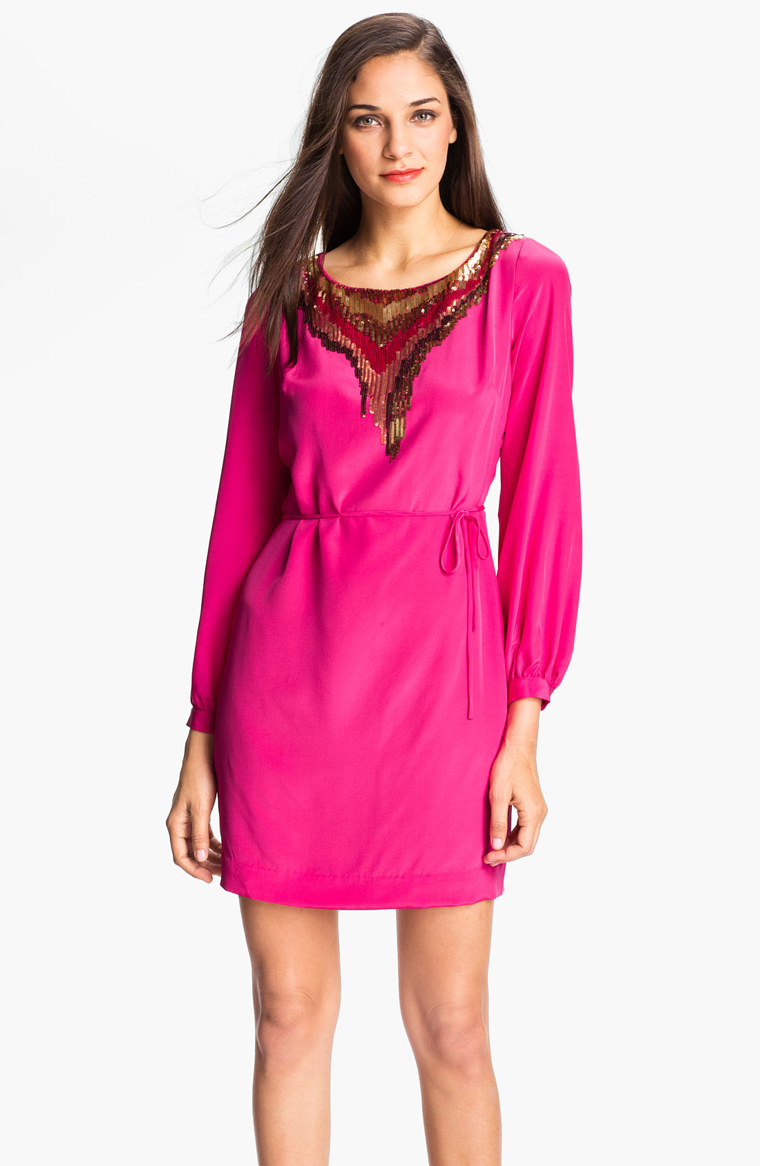 Trina Turk Baniff Sequin Neck Silk Dress in Pink (hyper pink) | Lyst