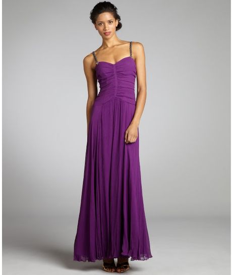 Vera Wang Lavender Plum Silk Crinkle Chiffon Ruched Beaded Spaghetti ...