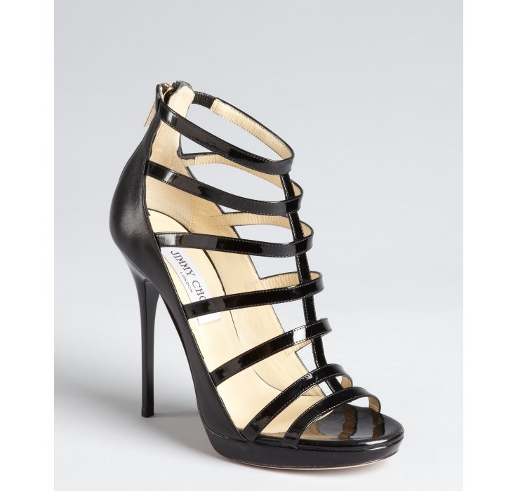 Lyst - Jimmy Choo Black Patent Leather Caged Open Toe Stilettos in Black