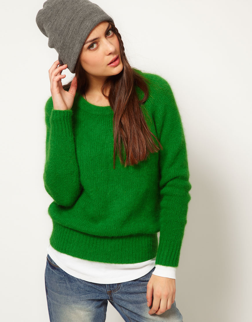 American Vintage Angora Blend Knitted Jumper with Round Neck in Green ...