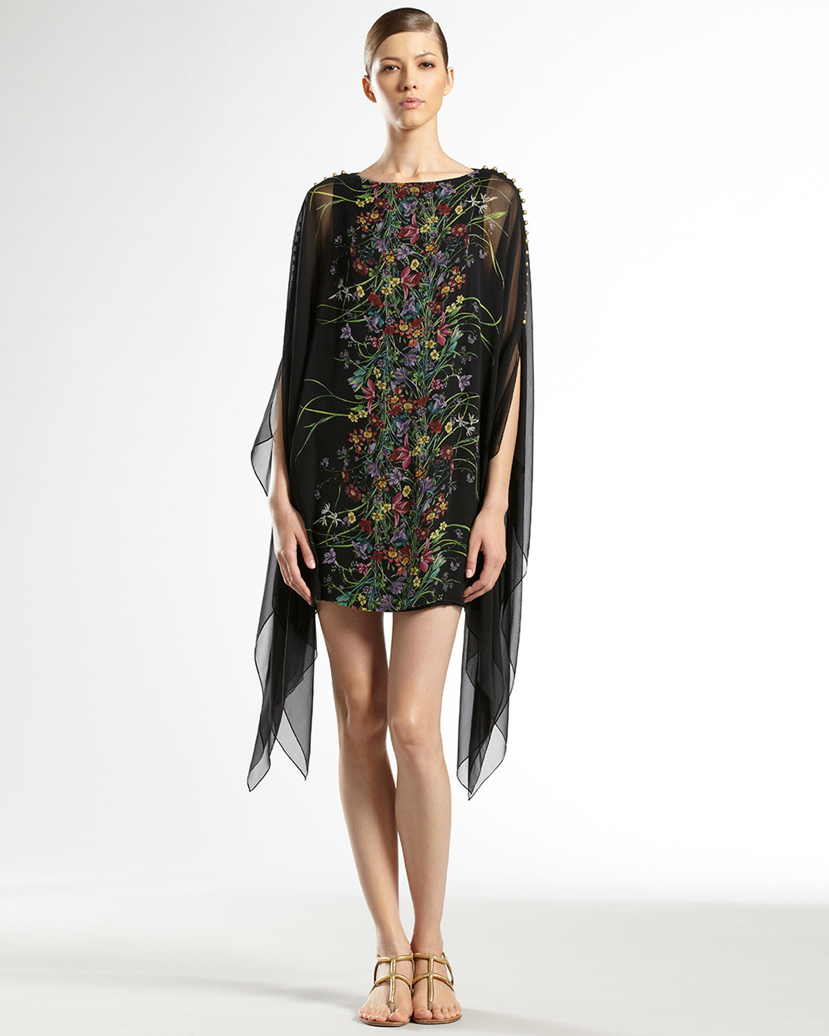 Lyst Gucci Flower Print Silk Caftan Dress in Black