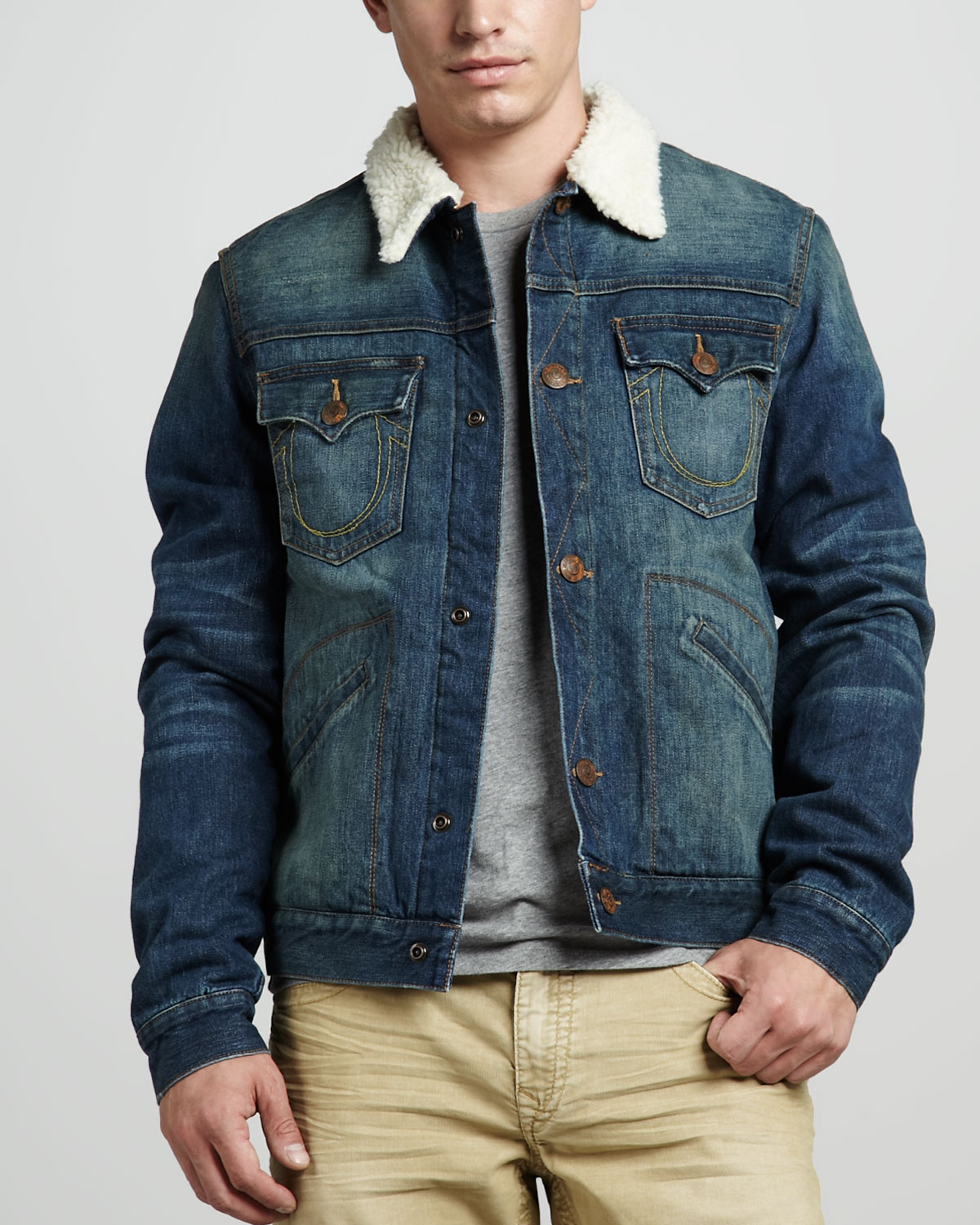 Lyst - True religion Daltry Denim Jacket with Sherpa Collar in Blue for Men