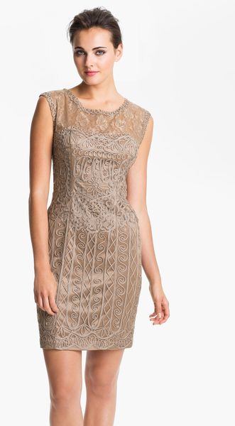 Sue Wong Embroidered Illusion Yoke Tulle Dress in Brown (taupe) | Lyst