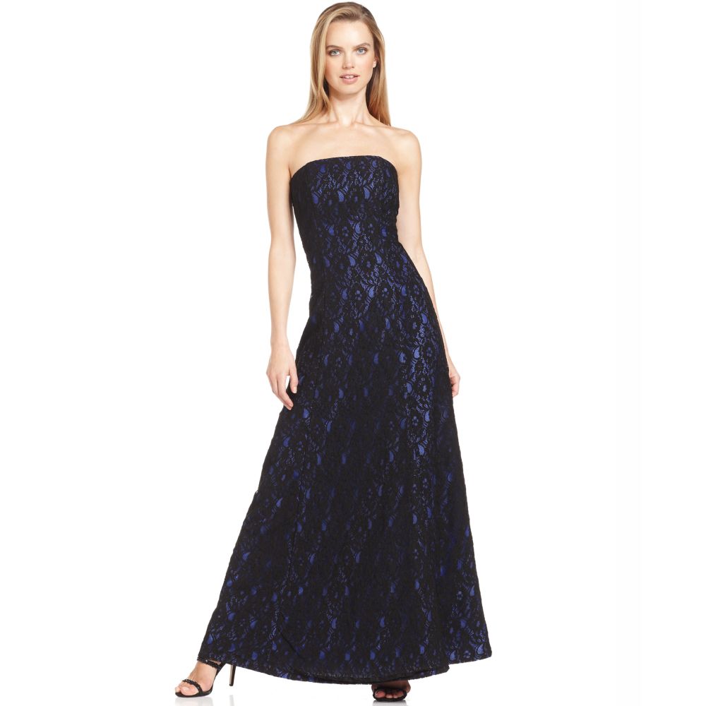 Calvin Klein Strapless Lace Evening Gown in Blue | Lyst