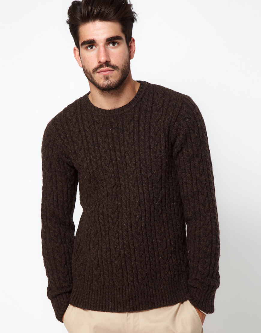 Lyst - Edwin Cable Knit Jumper with Crew Neck in Brown for Men