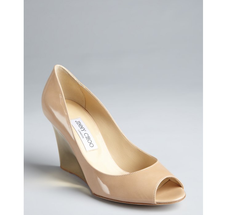 Lyst Jimmy Choo Nude Patent Leather Baxen Peep Toe Wedges In Natural