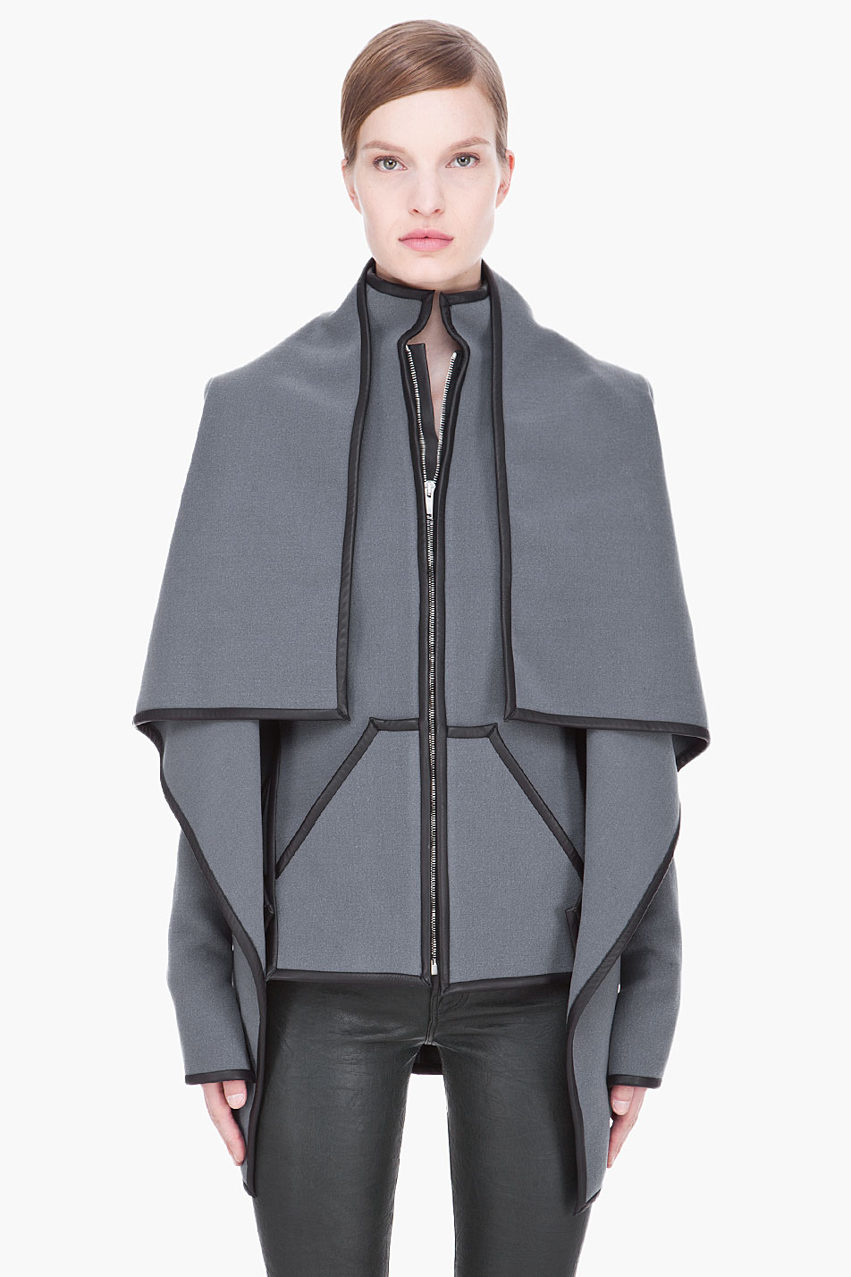 Lyst - Gareth Pugh Grey Leather Trimmed Layered Wrap Jacket in Gray
