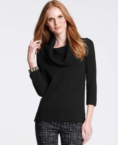 Ann Taylor Pocketed Cowl Neck Sweater in Black | Lyst