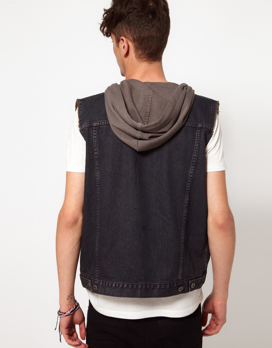 Lyst Asos Sleeveless Denim Jacket with Hood in Blue for Men