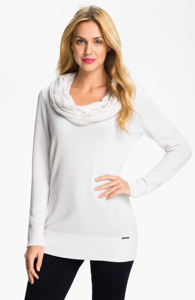 Michael Michael Kors Cabled Cowl Neck Sweater in White | Lyst