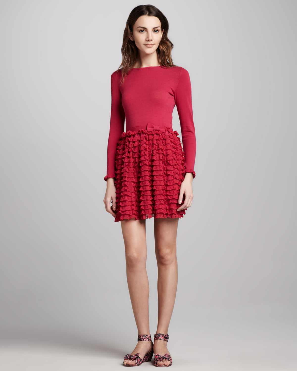 Lyst - Red valentino Longsleeve Ruffleskirt Dress in Pink