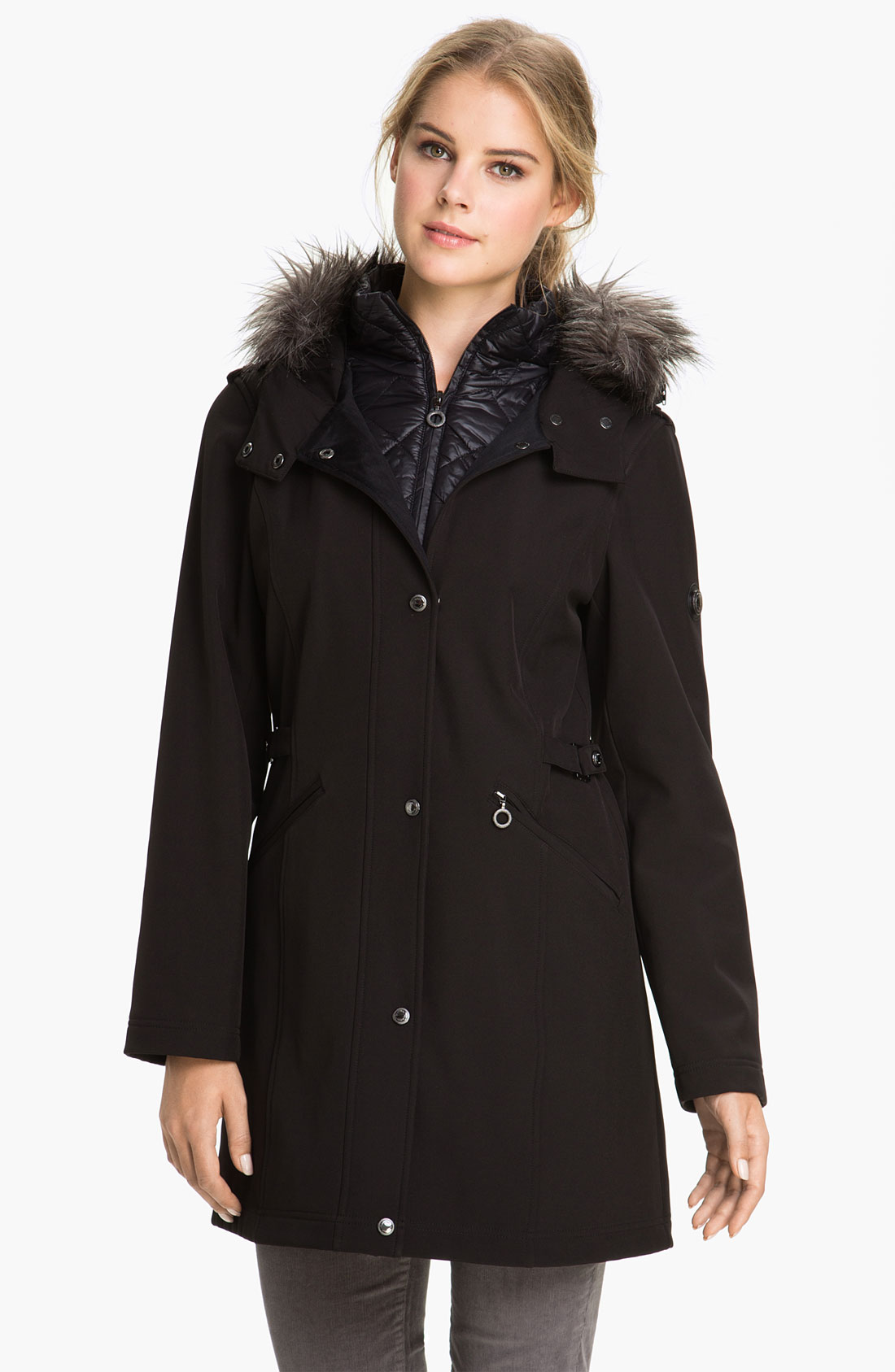 Calvin Klein Faux Fur Trim Hooded Softshell Coat in Black | Lyst