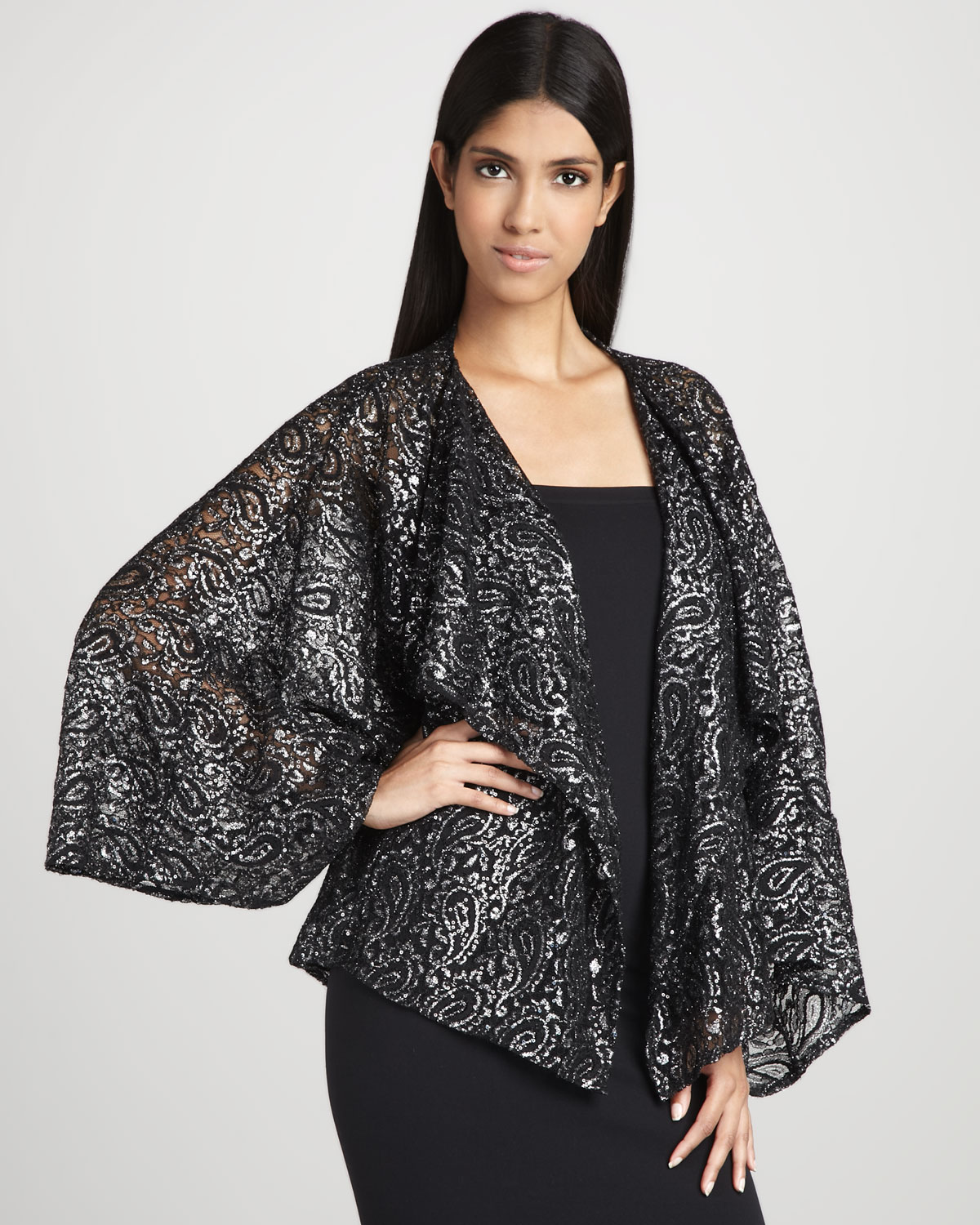 Ilana wolf Paisleysequined Kimono Wrap in Silver (black silver) | Lyst