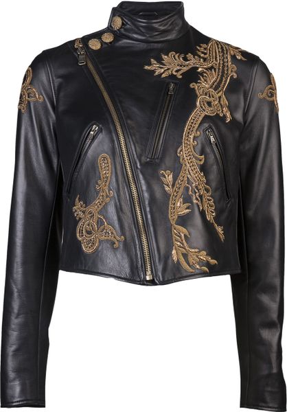 Ralph Lauren Embroidered Motorcycle Jacket in Black | Lyst