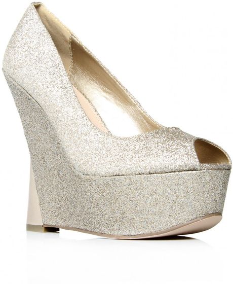 Carvela Kurt Geiger Wedge Peep-toe Glitter Shoes in Gold (gold/glitter ...