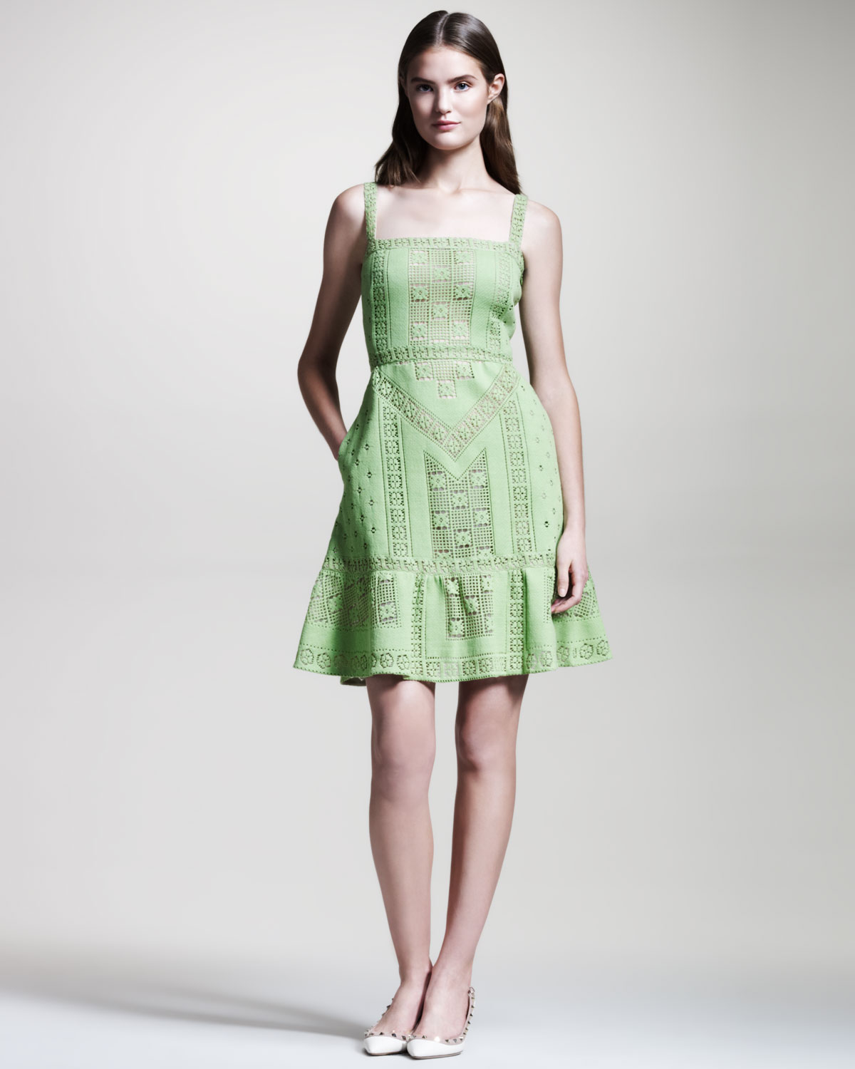 Lyst Valentino Lace Voulant Dress Verde In Green Gallery