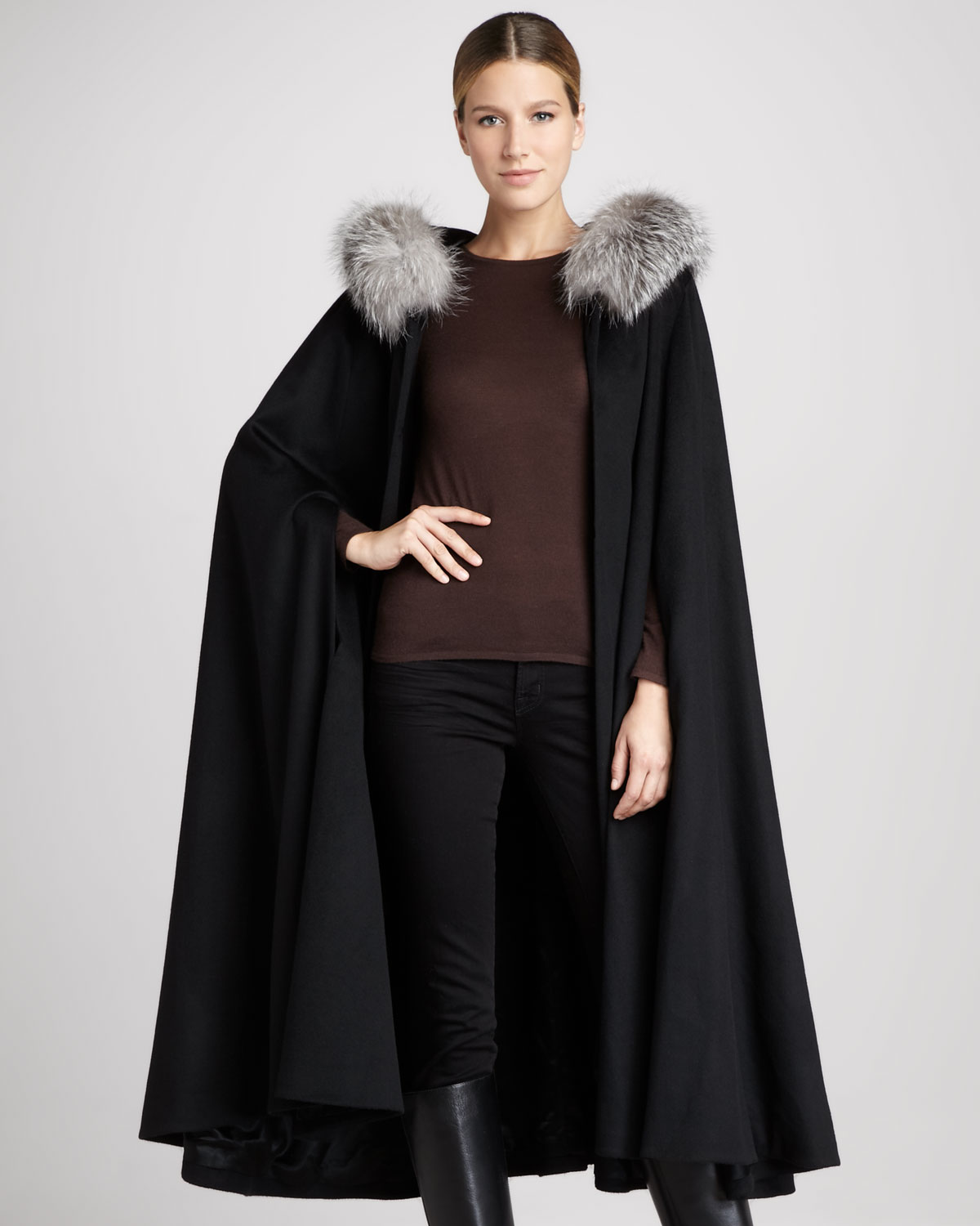 Lyst - Sofia Cashmere Fox Fur Trimmed Hooded Cashmere Cape in Black