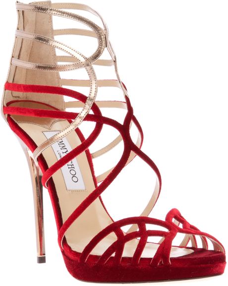 Jimmy Choo Maury Velvet Metallic Leather Sandals in Gold (red) | Lyst