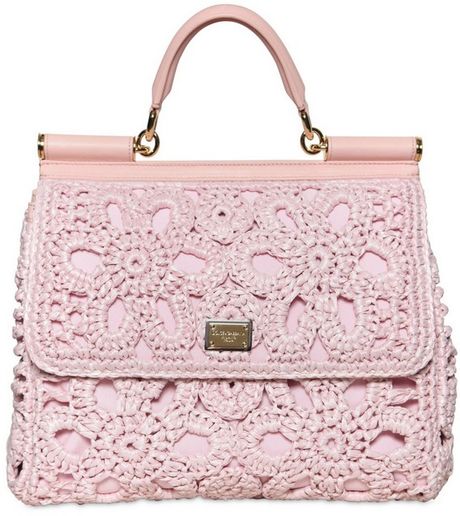 Dolce & Gabbana Miss Sicily Crochet Raffia Canvas Bag in Pink | Lyst