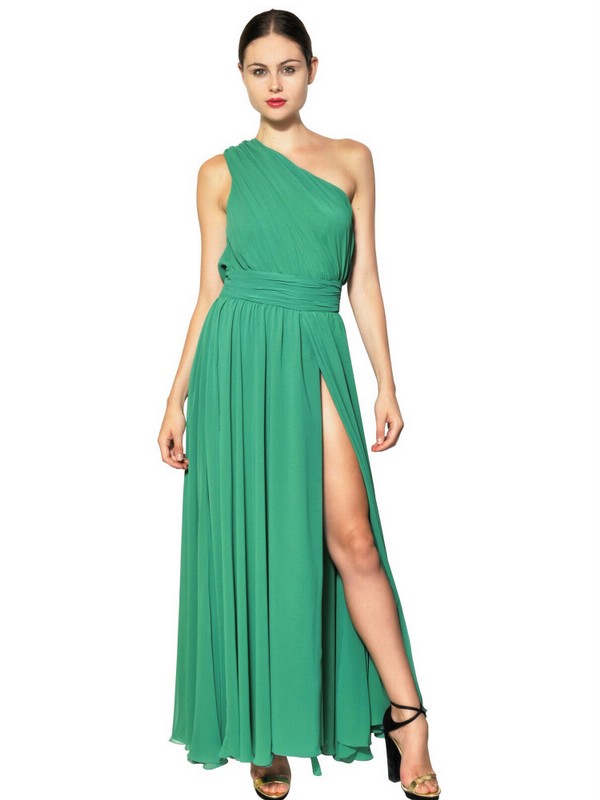 Lyst - Msgm One Shoulder Techno Georgette Long Dress in Green