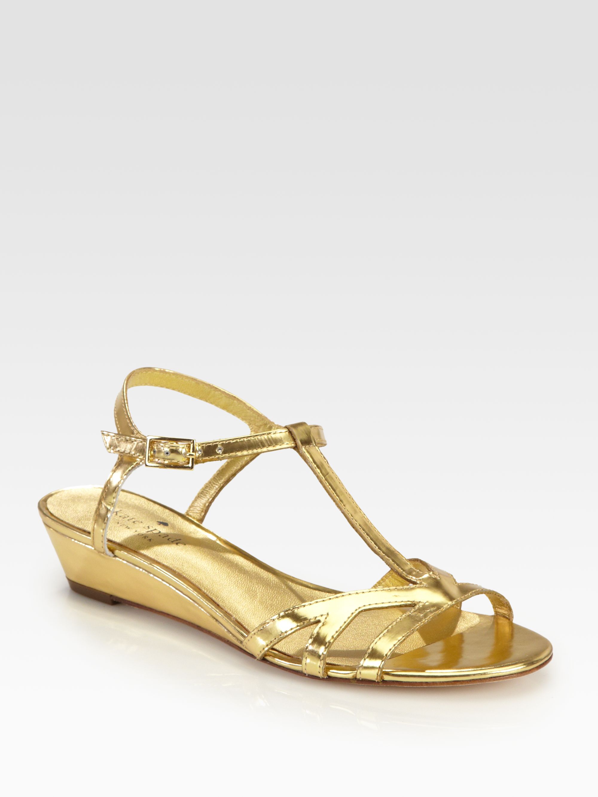 Kate Spade Violet Metallic Leather Wedge Sandals in Gold | Lyst