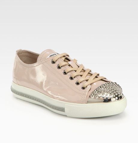 Miu Miu Studded Patent Leather Laceup Sneakers in Pink (blush) | Lyst