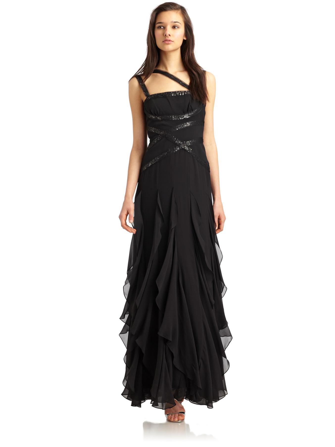 Lyst - Bcbgmaxazria Black Silk Chiffon Asymmetrical Sequin Detail Gown ...