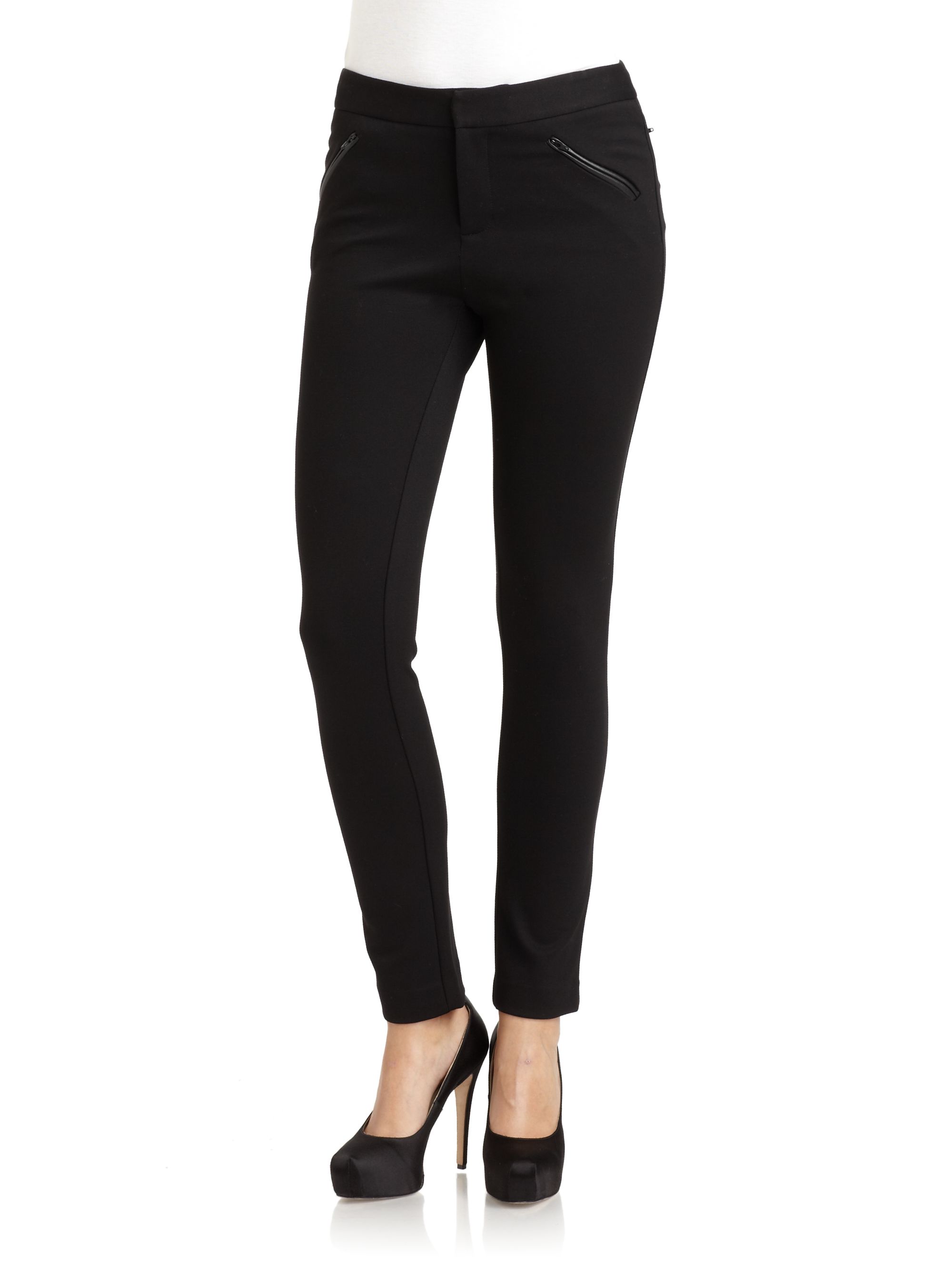 Catherine malandrino Skinny Leg Leather Detail Knit Pants in Black | Lyst