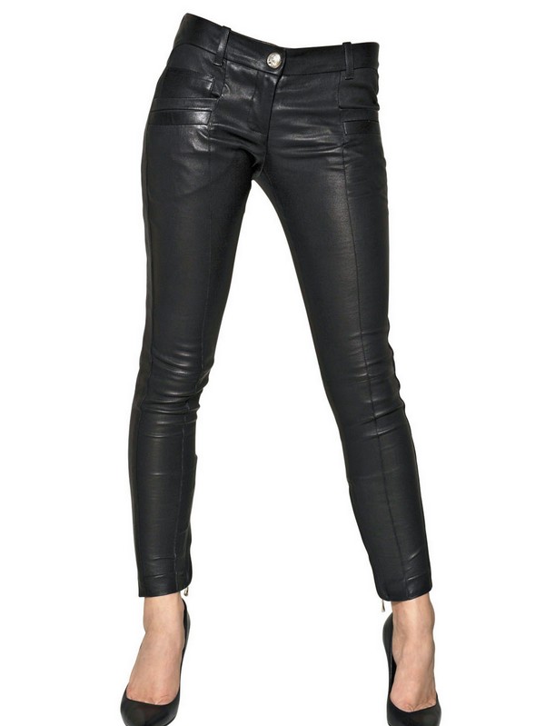 Lyst - Balmain Nappa Leather Biker Jeans in Black