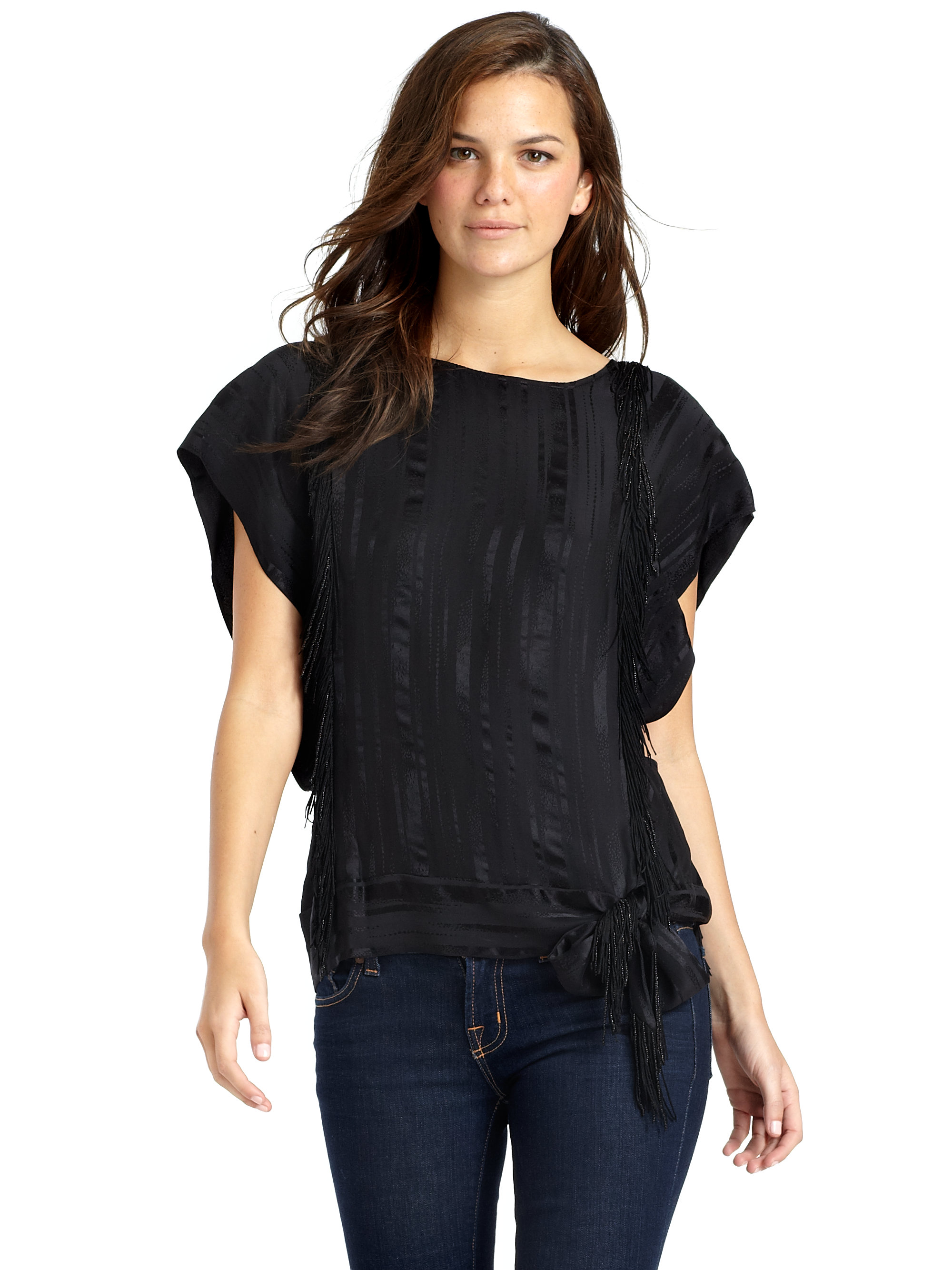 Bcbgmaxazria Beaded Fringe Silk Blouse in Black | Lyst