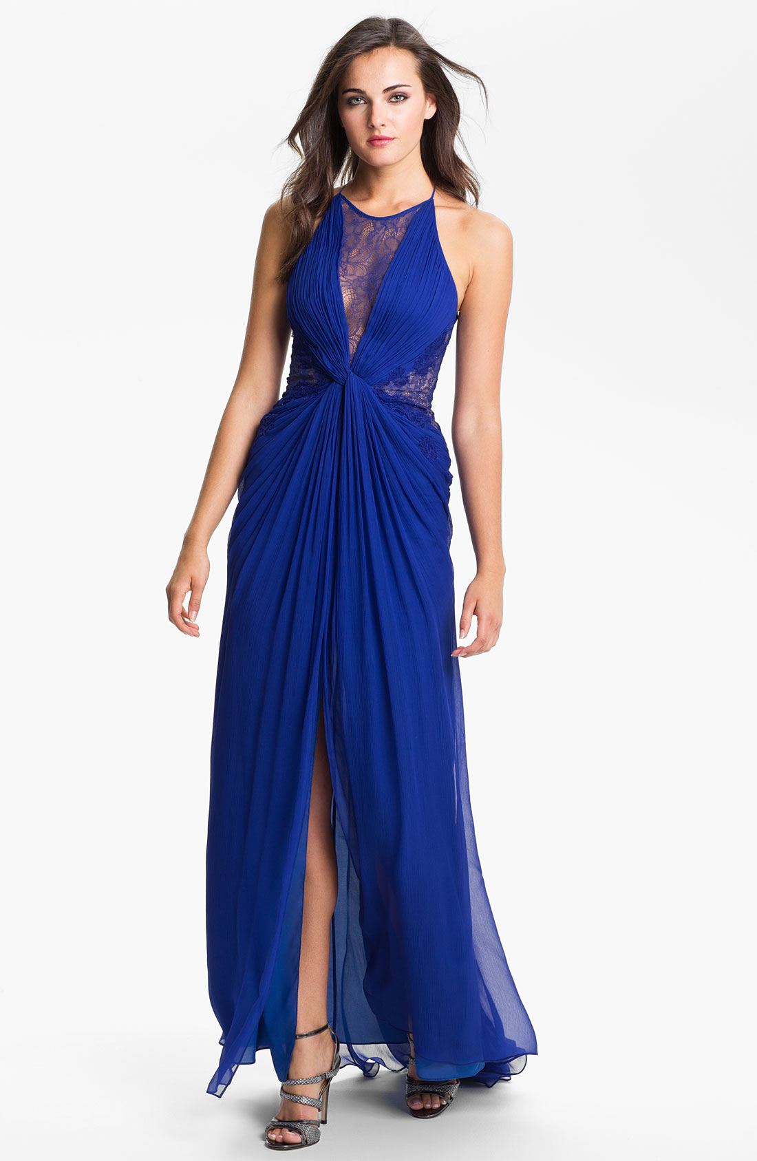 Bcbgmaxazria Lace Inset Textured Silk Chiffon Gown in Blue (royal blue ...