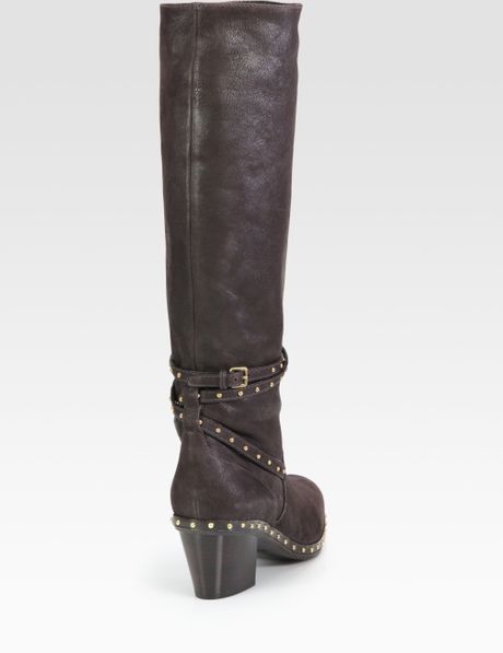 Miu Miu Studded Leather Knee-High Motorcycle Boots in Brown (darkbrown ...