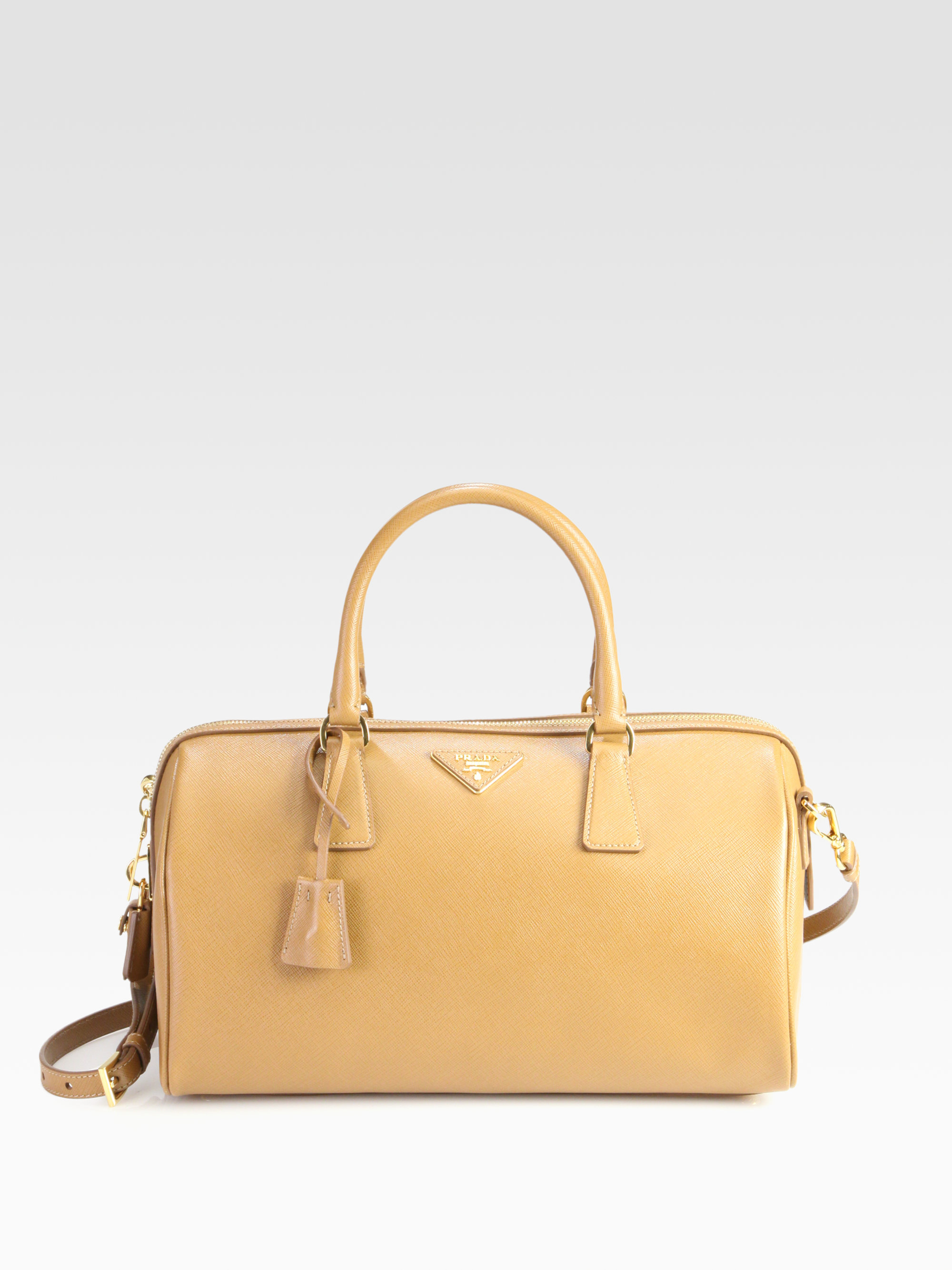 Prada Convertible Saffiano Lux Boston Bag in Beige (caramel) | Lyst