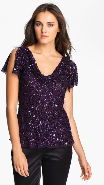 Adrianna Papell Cowl Neck Sequin Silk Blouse in Purple (plum) | Lyst