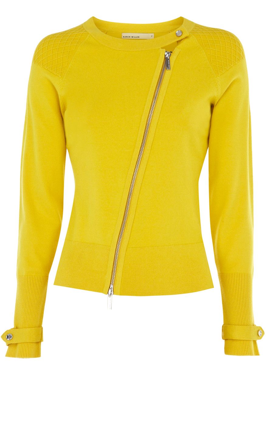 Karen Millen Zippy Texture Knit Cardi in Yellow | Lyst