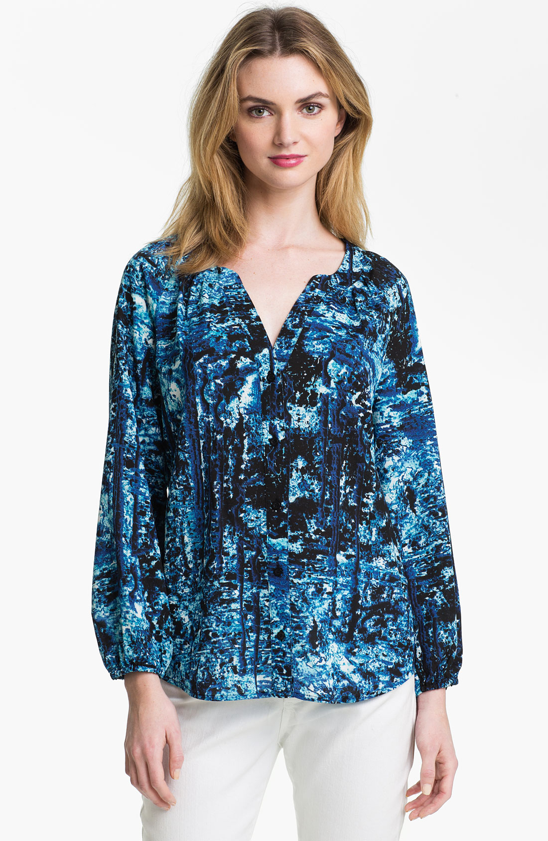 Calvin Klein Split Neck Print Blouse in Blue (cobalt/ white) | Lyst