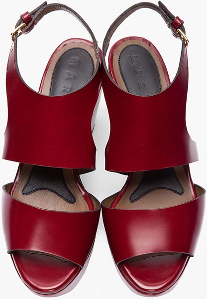 Marni Leather Wedge Sandals in Red (burgundy) | Lyst
