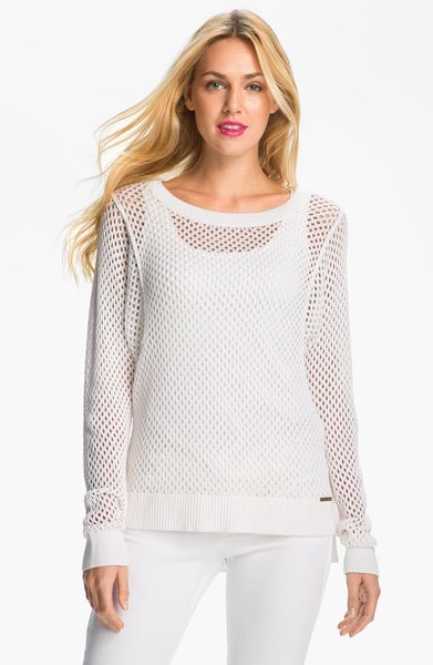Michael Michael Kors Crewneck Mesh Sweater in White | Lyst