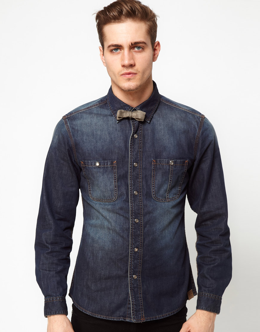 Lyst - Esprit Denim Shirt with Bow Tie in Blue for Men