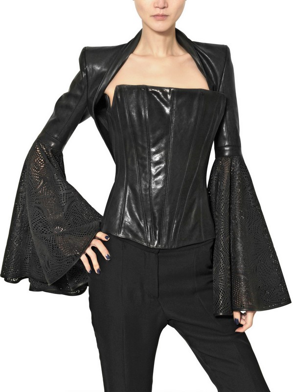 Gareth Pugh Laser Cut Sleeves Leather Bolero Jacket In Black Lyst Gallery